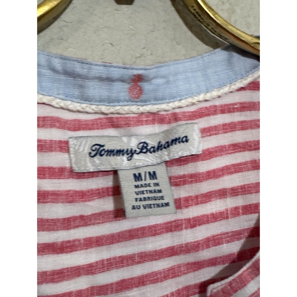 Tommy Bahama Women Medium Tunic Top Linen Button Up Shirt Pink Sleeveless Stripe - Picture 2 of 3